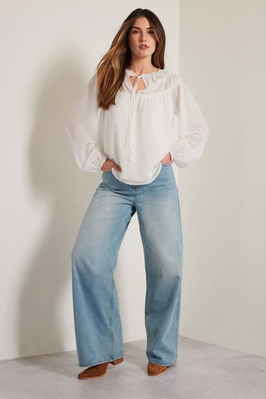 LTS Tall Ivory White Sheer Dobby Tie Neck Blouse