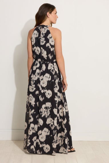 Long Tall Sally Black Chiffon Blurred Floral Halter Neck Dress