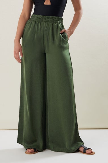 Long Tall Sally Khaki Green Matt Satin Wide Leg Trousers