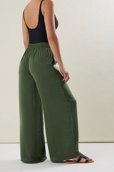 Long Tall Sally Khaki Green Matt Satin Wide Leg Trousers