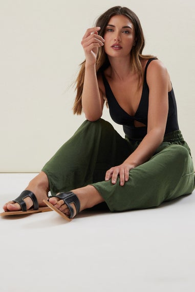 Long Tall Sally Khaki Green Matt Satin Wide Leg Trousers