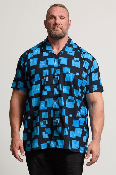 BadRhino Big & Tall Navy Blue Square Print Peached Short Sleeve Revere Collar Shirt