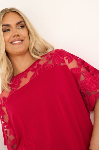 Yours Curve Red Floral Burnout Boxy T-Shirt