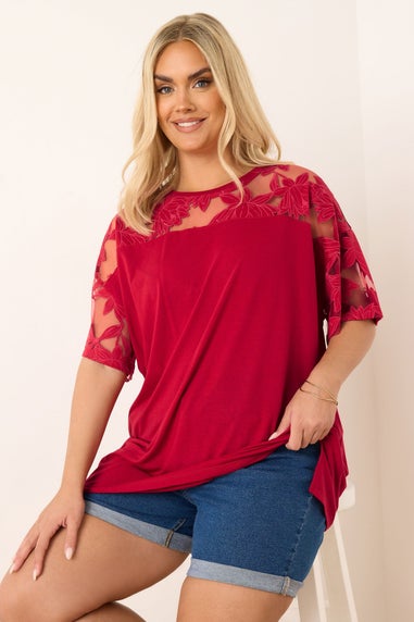 Yours Curve Red Floral Burnout Boxy T-Shirt