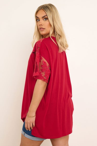 Yours Curve Red Floral Burnout Boxy T-Shirt