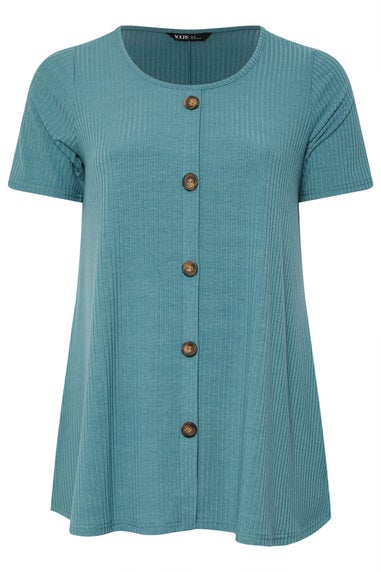 Yours Curve Teal Blue Button Front Ribbed Swing Top
