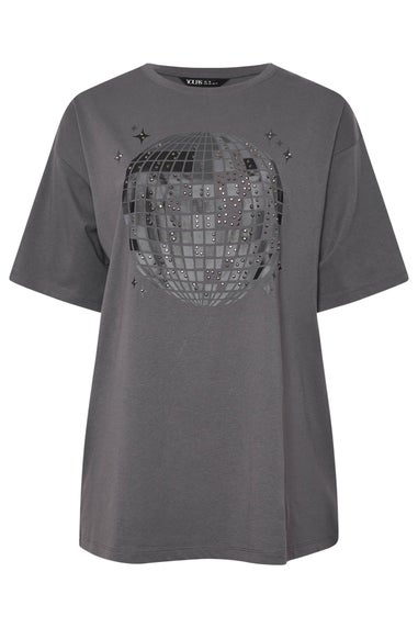 Yours Curve Grey Stud Embellished Disco Ball T-Shirt