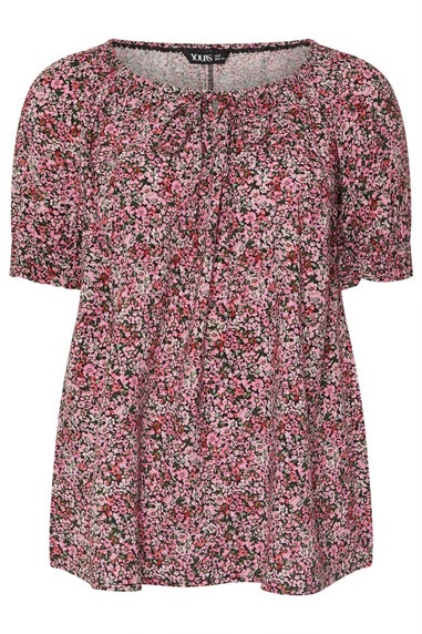 Yours Curve Pink Ditsy Floral Tie Front Top