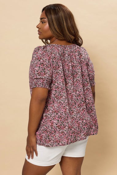 Yours Curve Pink Ditsy Floral Tie Front Top
