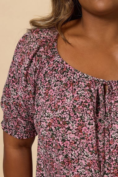 Yours Curve Pink Ditsy Floral Tie Front Top