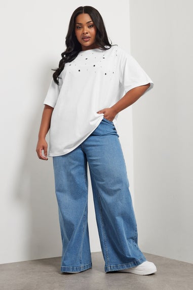 Yours Curve White Eyelet Stud T-Shirt