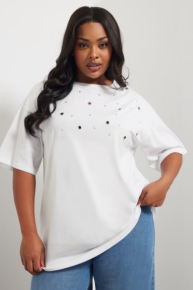 Yours Curve White Eyelet Stud T-Shirt