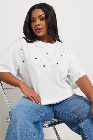 Yours Curve White Eyelet Stud T-Shirt