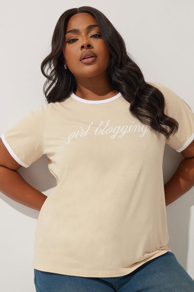 Limited Collection Curve Beige Girl Blogging Slogan T-Shirt