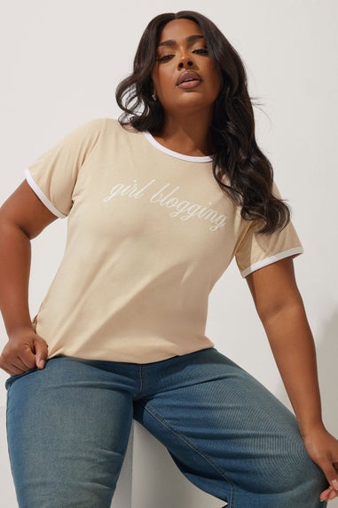 Limited Collection Curve Beige Girl Blogging Slogan T-Shirt