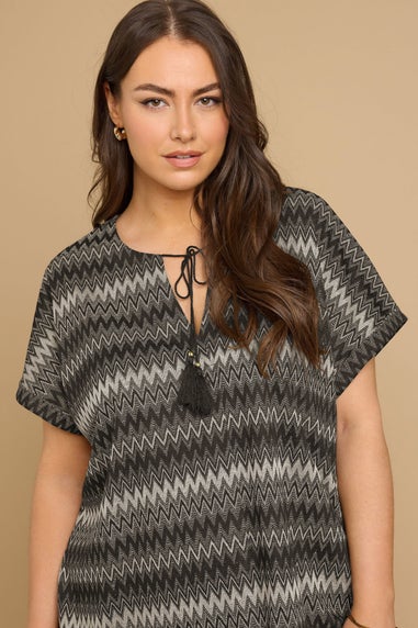 Yours Curve Black Metallic Zig Zag Tie Neck Top
