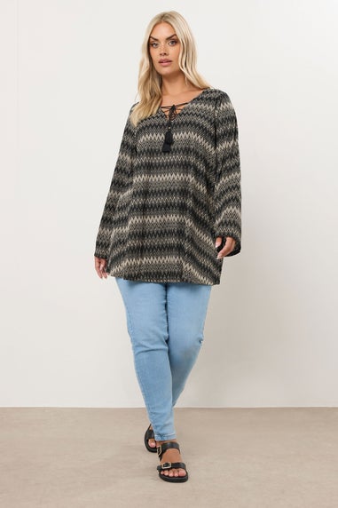 Yours Curve Black Metallic Zig Zag Tie Neck Tunic Top