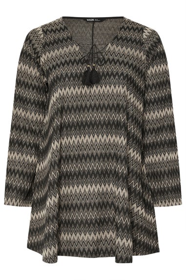 Yours Curve Black Metallic Zig Zag Tie Neck Tunic Top