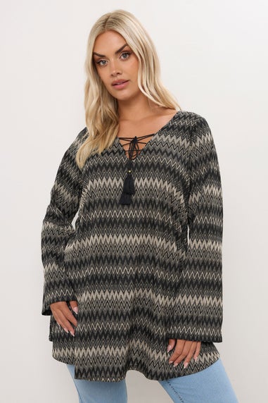 Yours Curve Black Metallic Zig Zag Tie Neck Tunic Top