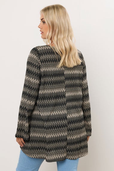 Yours Curve Black Metallic Zig Zag Tie Neck Tunic Top