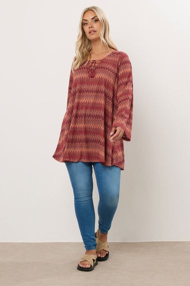 Yours Curve Rust Orange Metallic Zig Zag Tie Neck Tunic Top