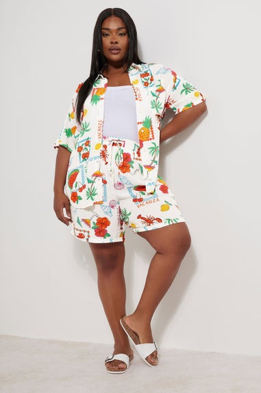 YOURS Curve White Graphic Postcard Print Crinkle Shirt