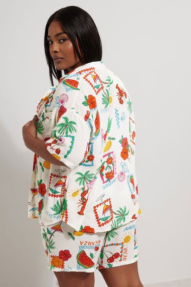 YOURS Curve White Graphic Postcard Print Crinkle Shirt
