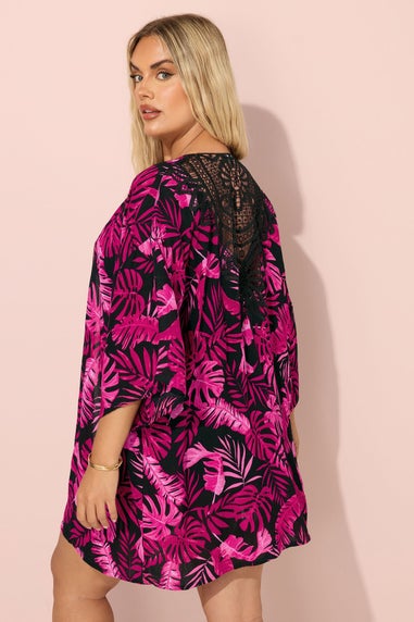 YOURS Curve Pink Tropical Print Crochet Kimono