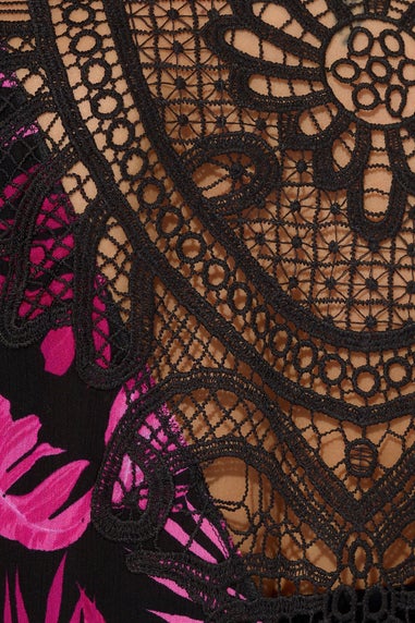 YOURS Curve Pink Tropical Print Crochet Kimono
