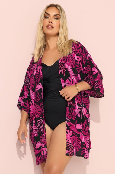 YOURS Curve Pink Tropical Print Crochet Kimono