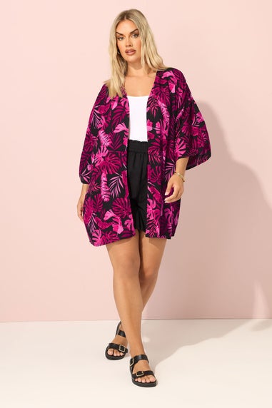 YOURS Curve Pink Tropical Print Crochet Kimono