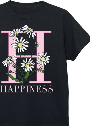 Brands In Happiness Flowers Kids Black Graphic T-Shirt (3-13 Years)