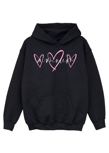 Brands In Amour Hearts Kids Black Graphic Hoodie (3-13 Years)
