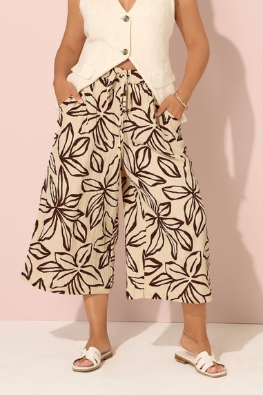 Yours Curve Stone Brown Textured Floral Midaxi Culottes