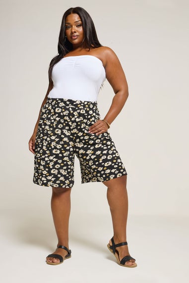 Yours Curve Black & Yellow Floral Jersey Shorts