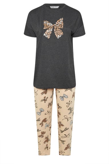 YOURS Curve Grey Leopard Bow Print Wide Leg Pyjama Set