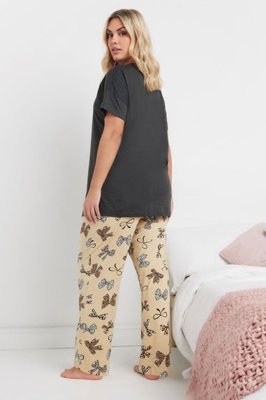 YOURS Curve Grey Leopard Bow Print Wide Leg Pyjama Set