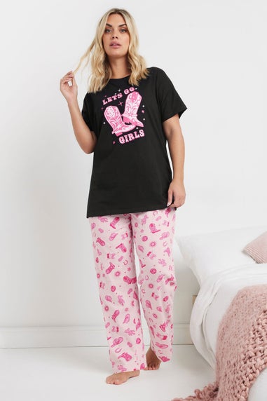 Yours Curve Black Pink Lets Go Girls Cowboy Boot Wide Leg Pyjama Set