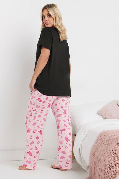Yours Curve Black Pink Lets Go Girls Cowboy Boot Wide Leg Pyjama Set