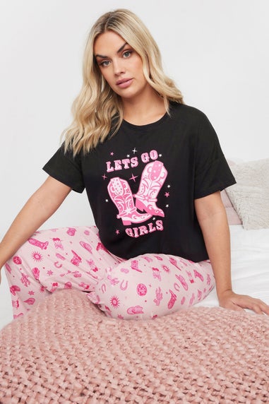 Yours Curve Black Pink Lets Go Girls Cowboy Boot Wide Leg Pyjama Set