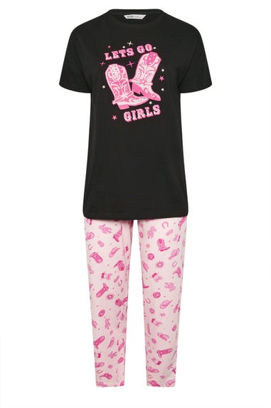 Yours Curve Black Pink Lets Go Girls Cowboy Boot Wide Leg Pyjama Set