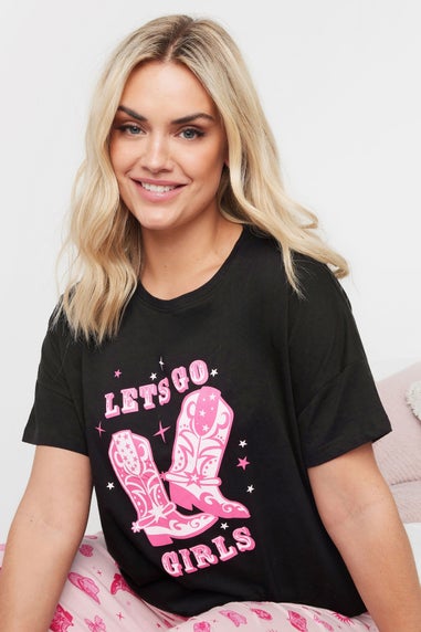 Yours Curve Black Pink Lets Go Girls Cowboy Boot Wide Leg Pyjama Set
