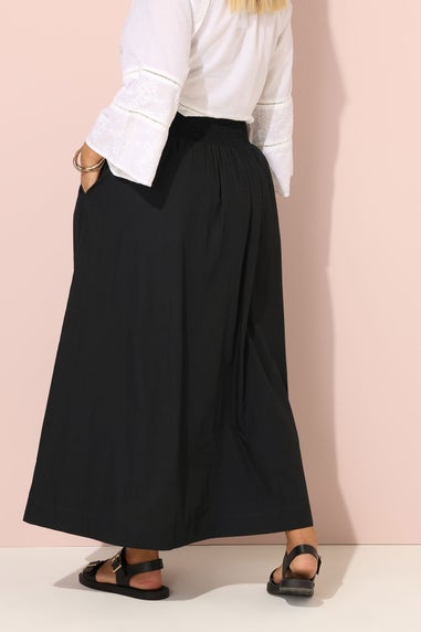 Yours Curve Black Poplin Shirred Waist Maxi Skirt