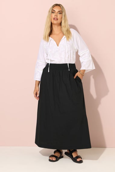 Yours Curve Black Poplin Shirred Waist Maxi Skirt
