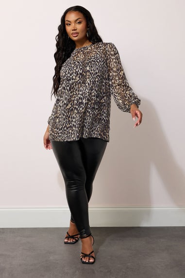 YOURS LONDON Curve Natural Brown Leopard Print Metallic Chiffon Blouse