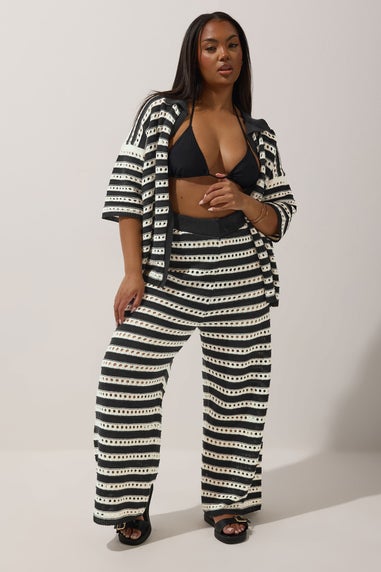 LIMITED COLLECTION Curve Black & White Stripe Crochet Wide Leg Trousers