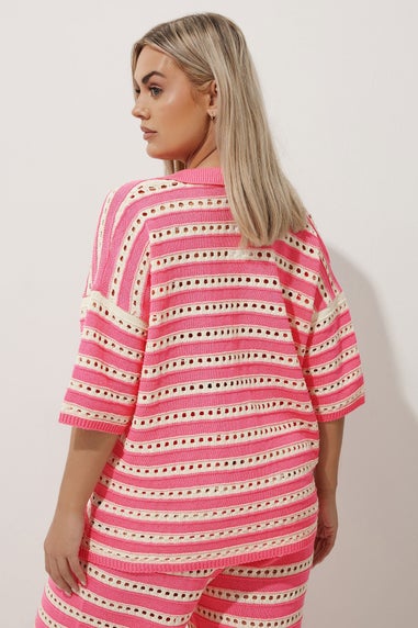 LIMITED COLLECTION Curve Pink & White Stripe Crochet Shirt