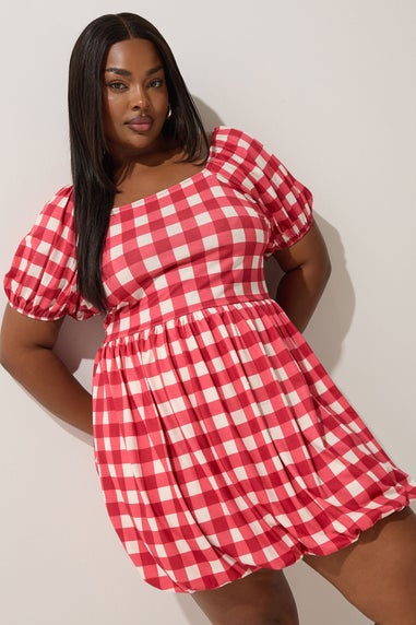 LIMITED COLLECTION Curve Red Gingham Puff Ball Mini Dress