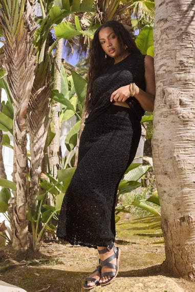 Yours Curve Black Crochet Knitted Midi Skirt