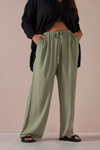 Yours Curve Olive Green Linen Tie Front Trousers